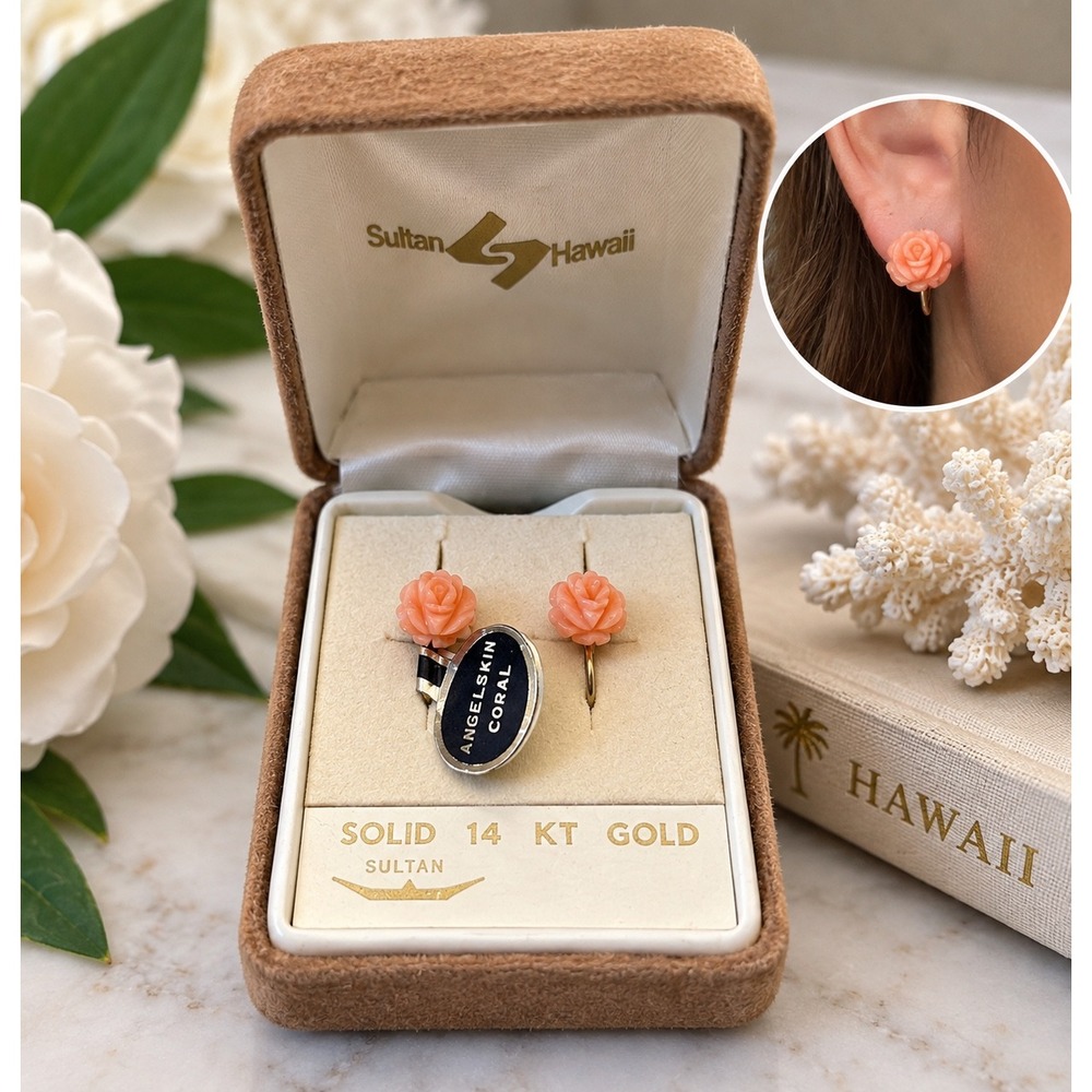 Vintage Sultan Hawaii Carved Pink Rose Screw Back Earrings Original Box Tags